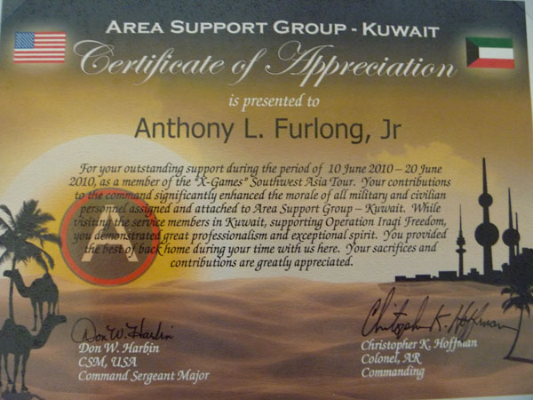 Furlong in Iraq: certificate