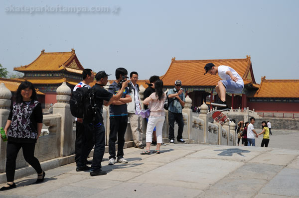 China: Forbidden City where Sheckler is kickflip